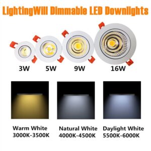 LightingWill 2inch LED Dimmable Downlight, 3W COB Recessed Ceiling Light, Natural White 4000K-4500K, CRI80, 25W 220LM Halogen Bulbs Equivalent, White (4 Pack)