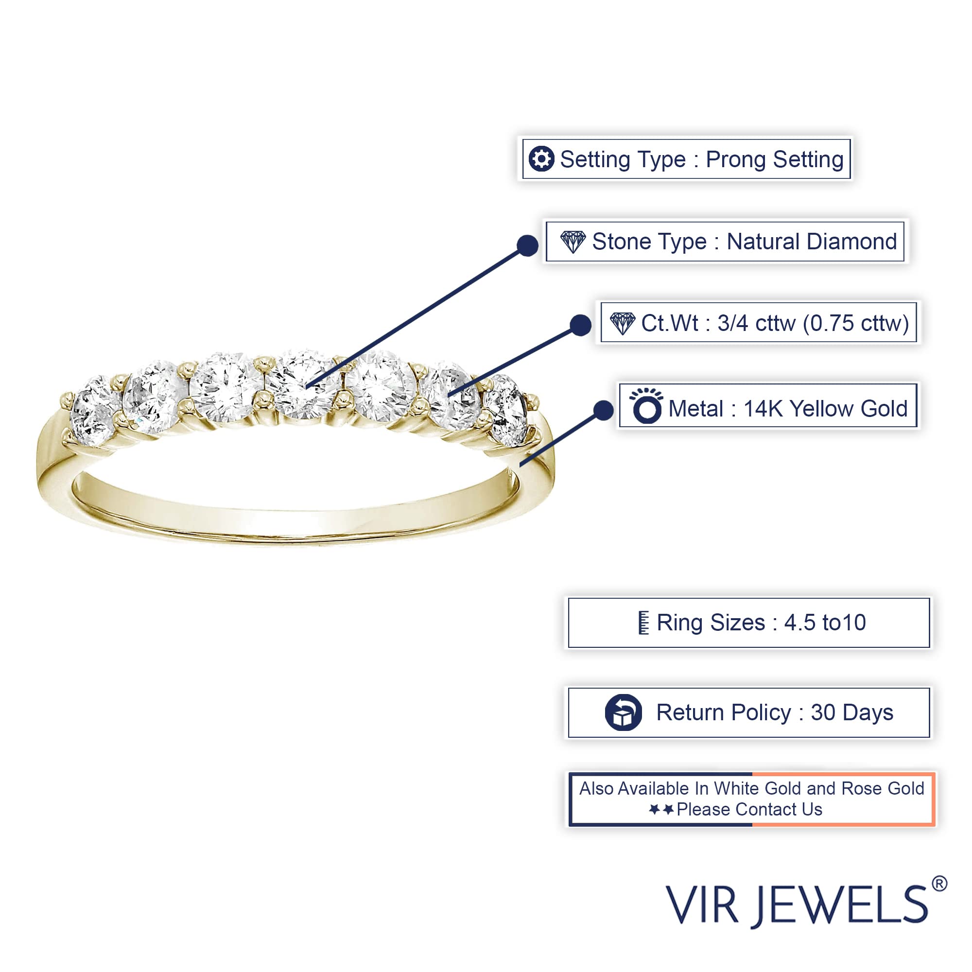 Vir Jewels 3/4 cttw Diamond Wedding Anniversary Band for Women, Round Diamond Engagement Ring 14K Yellow Gold 7 Stones Prong Set, Size 8