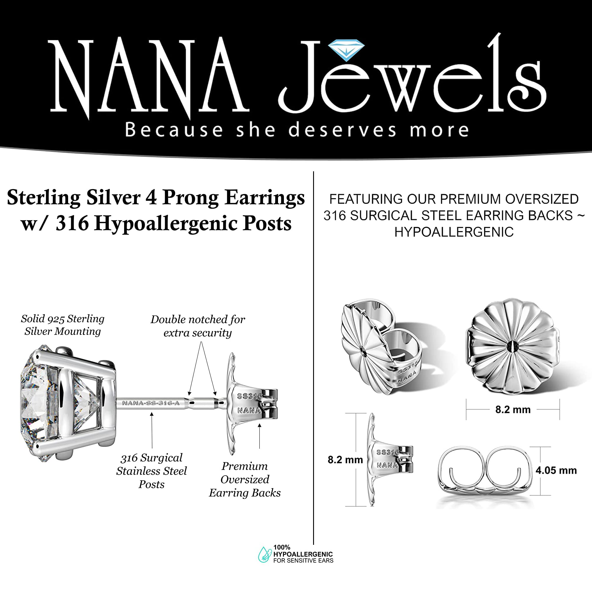 NANA Jewels Jewels Round CZ Stud Earrings SS316 Surgical Steel & Sterling Silver Cubic Zirconia - 10.0mm (8.00cttw) Platinum