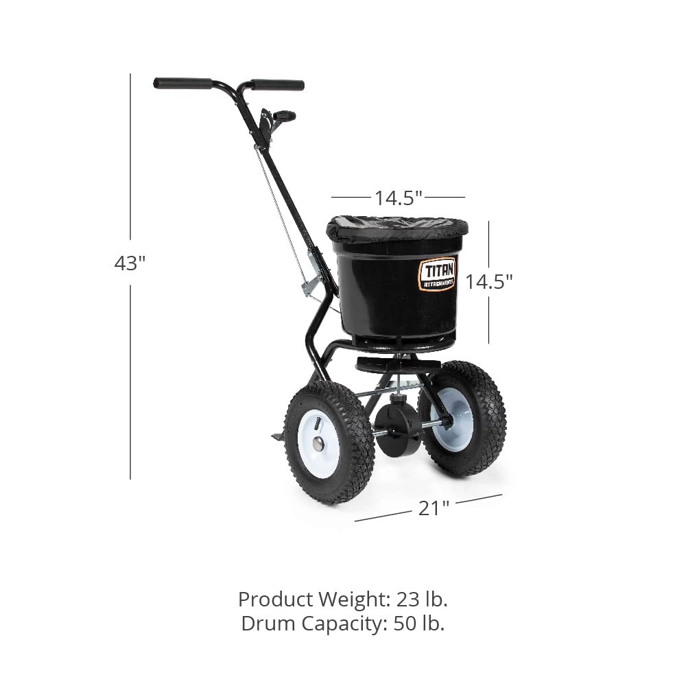 Titan Attachments 50 lb Professional Fertilizer Push Broadcast Spreader, Spreads 10 to 12 FT, Lawn Care and Ice Melter, Yard Tool