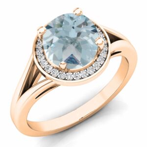 Dazzlingrock Collection 7mm Round Aquamarine & White Diamond Halo Split Shank Engagement Ring for Women in 14K Rose Gold, Size 6