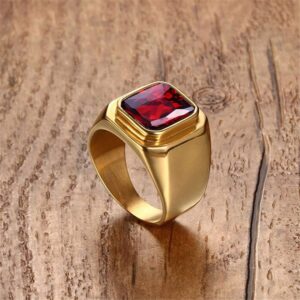 PMTIER Men's Stainless Steel Simple Gold Plated Ring with Square Red Gem Stone Size 10