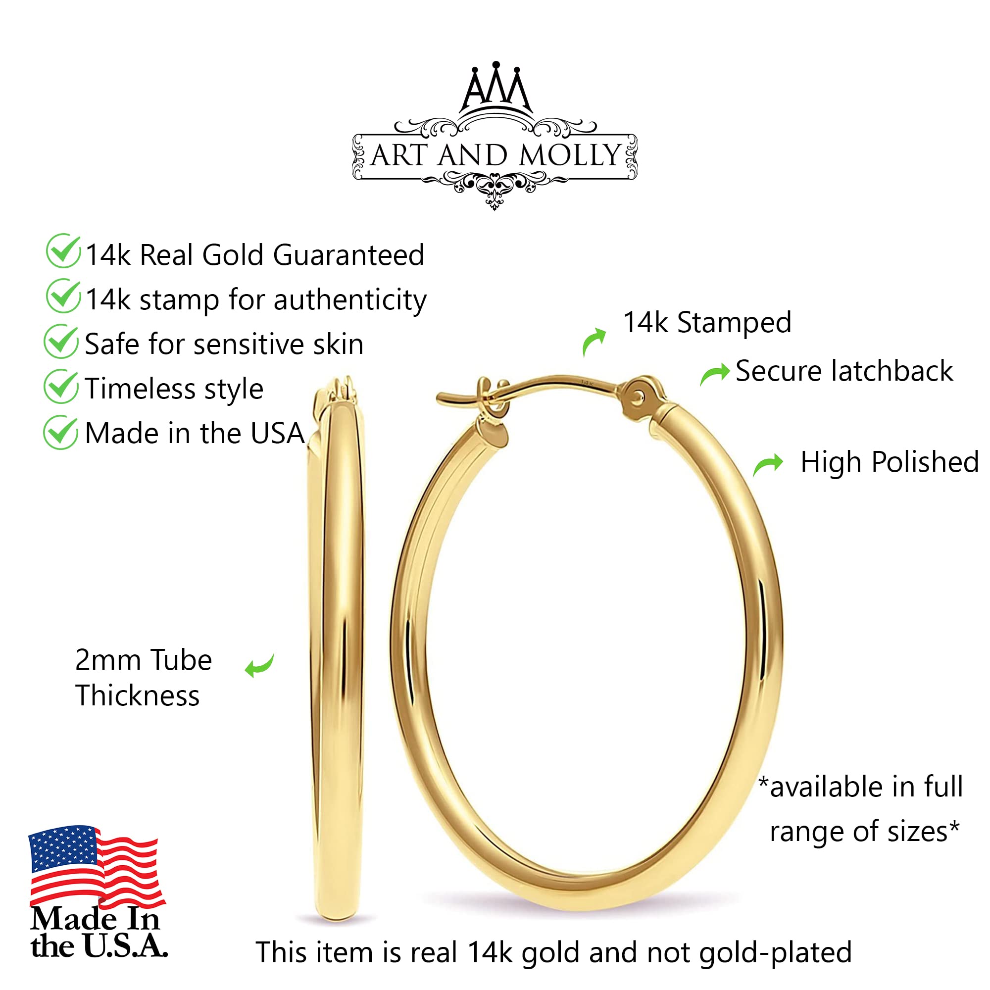 14k Gold Round Polished Hoop Earrings, (50mm) 2" Diameter (Yellow Gold)