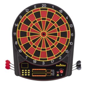 arachnid cricket pro 450 electronic dartboard features 31 games with 178 variations and includes two sets of soft tip darts , black/red, 19.00 x 1.00 x 19.00 inches