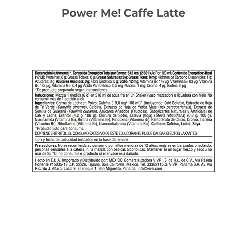 VIVRI Power Me! Caffe Latte | Natural Energy drink coffee | 30 Servings | With Green Tea, Yerba Mate, Guarana, Vitamins B12, B6, stevia, B Complex & Niacin tea | Add Water, Shake, & Enjoy