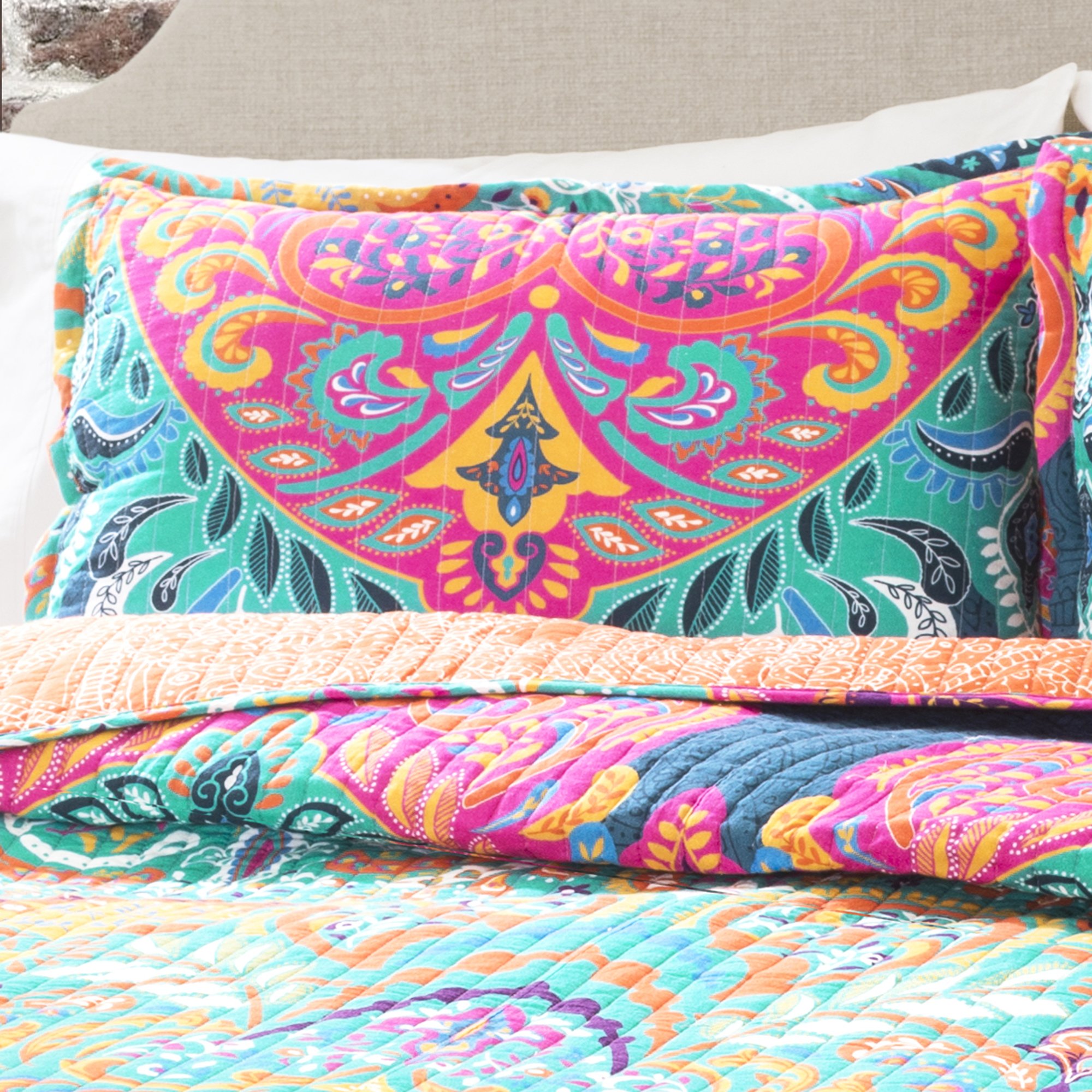 Lush Decor Boho Chic Reversible Cotton Quilt 3-Piece Set, Full/ Queen, Turquoise & Navy - Bright Paisley Print, Vibrant & Colorful Bohemian Bedding Set