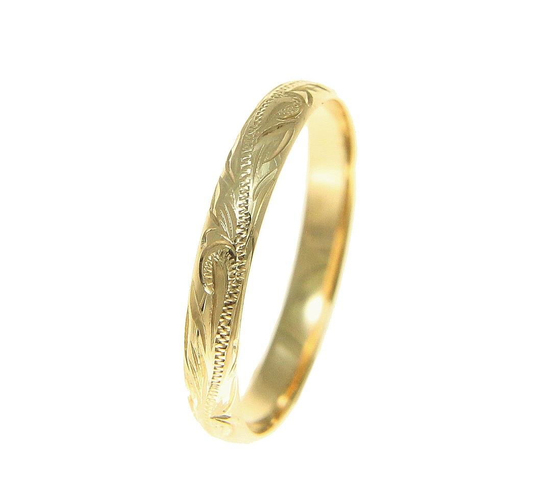 Arthur's Jewelry 14K solid yellow gold hand engraved Hawaiian scroll band ring 3mm size 11.5