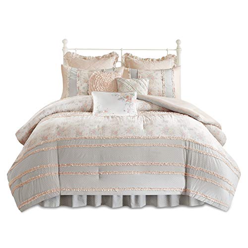 Madison Park Cotton Comforter Set - Shabby Chic Cottage Design All Season Down Alternative Bedding, Matching Shams, Bedskirt, Decorative Pillows, Queen (90 in x 90 in), Serendipity Peach, 9 Piece