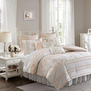 Madison Park Cotton Comforter Set - Shabby Chic Cottage Design All Season Down Alternative Bedding, Matching Shams, Bedskirt, Decorative Pillows, Queen (90 in x 90 in), Serendipity Peach, 9 Piece