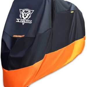 XYZCTEM Motorcycle Cover – All Season Waterproof Outdoor Protection – Precision Fit up to 108 Inch Tour Bikes, Choppers and Cruisers – Protect Against Dust, Debris, Rain and Weather(XXL,Black& Orange)