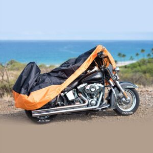 XYZCTEM Motorcycle Cover – All Season Waterproof Outdoor Protection – Precision Fit up to 108 Inch Tour Bikes, Choppers and Cruisers – Protect Against Dust, Debris, Rain and Weather(XXL,Black& Orange)