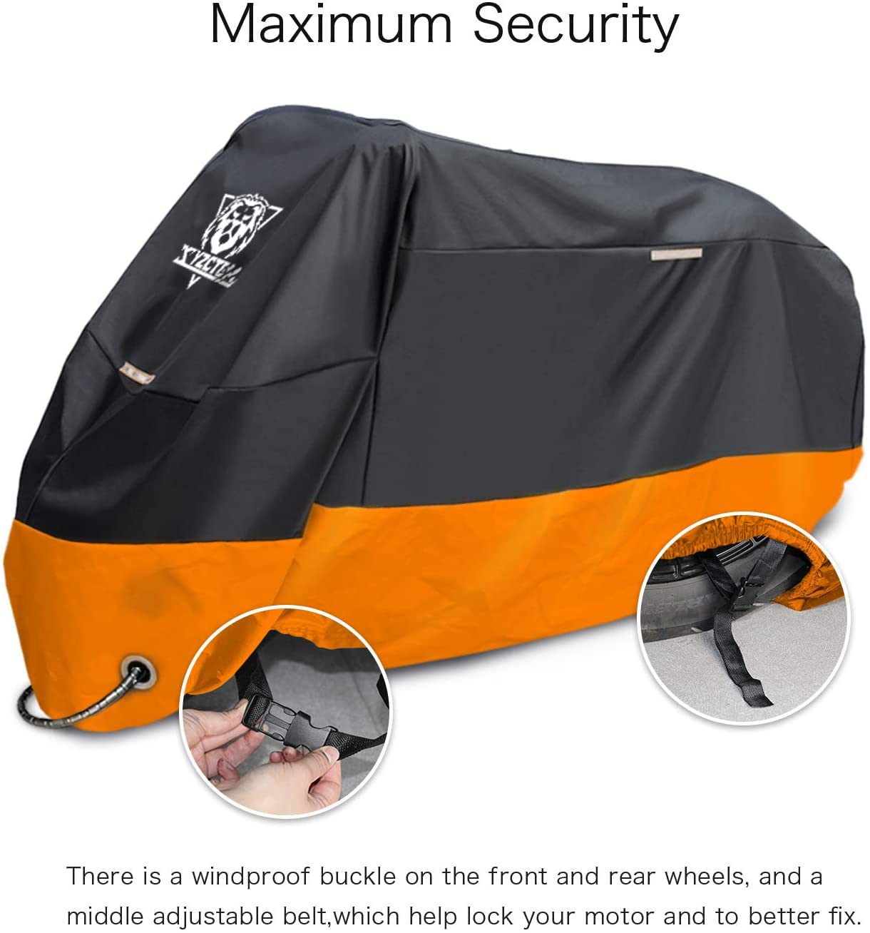 XYZCTEM Motorcycle Cover – All Season Waterproof Outdoor Protection – Precision Fit up to 108 Inch Tour Bikes, Choppers and Cruisers – Protect Against Dust, Debris, Rain and Weather(XXL,Black& Orange)