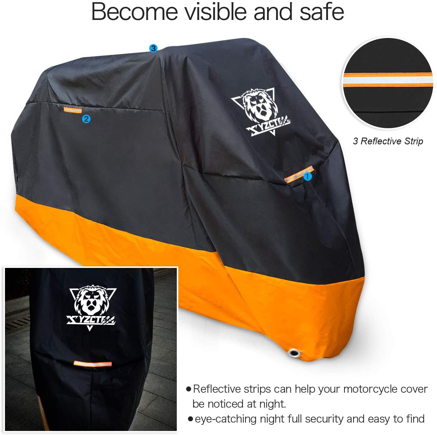 XYZCTEM Motorcycle Cover – All Season Waterproof Outdoor Protection – Precision Fit up to 108 Inch Tour Bikes, Choppers and Cruisers – Protect Against Dust, Debris, Rain and Weather(XXL,Black& Orange)