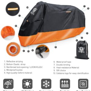 XYZCTEM Motorcycle Cover – All Season Waterproof Outdoor Protection – Precision Fit up to 108 Inch Tour Bikes, Choppers and Cruisers – Protect Against Dust, Debris, Rain and Weather(XXL,Black& Orange)