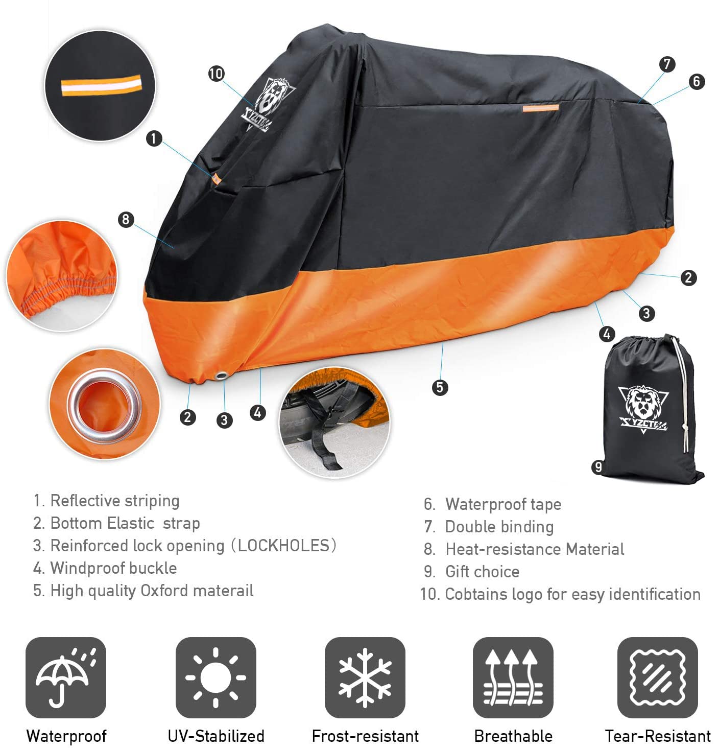 XYZCTEM Motorcycle Cover – All Season Waterproof Outdoor Protection – Precision Fit up to 108 Inch Tour Bikes, Choppers and Cruisers – Protect Against Dust, Debris, Rain and Weather(XXL,Black& Orange)