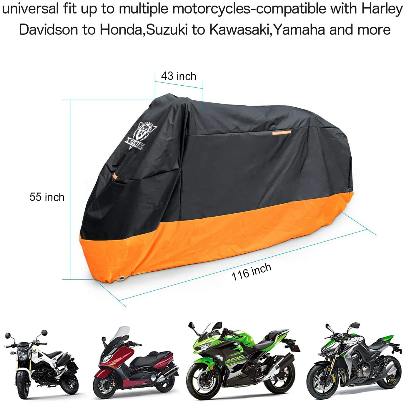 XYZCTEM Motorcycle Cover – All Season Waterproof Outdoor Protection – Fit up to 116 inch Tour Bikes, Choppers and Cruisers – Protect Against Dust, Debris, Rain and Weather(XXXL,Black& Orange)