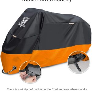 XYZCTEM Motorcycle Cover – All Season Waterproof Outdoor Protection – Fit up to 116 inch Tour Bikes, Choppers and Cruisers – Protect Against Dust, Debris, Rain and Weather(XXXL,Black& Orange)