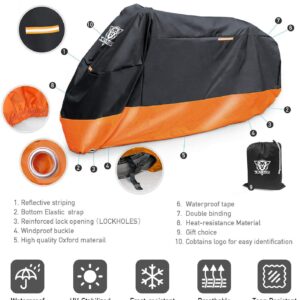 XYZCTEM Motorcycle Cover – All Season Waterproof Outdoor Protection – Fit up to 116 inch Tour Bikes, Choppers and Cruisers – Protect Against Dust, Debris, Rain and Weather(XXXL,Black& Orange)