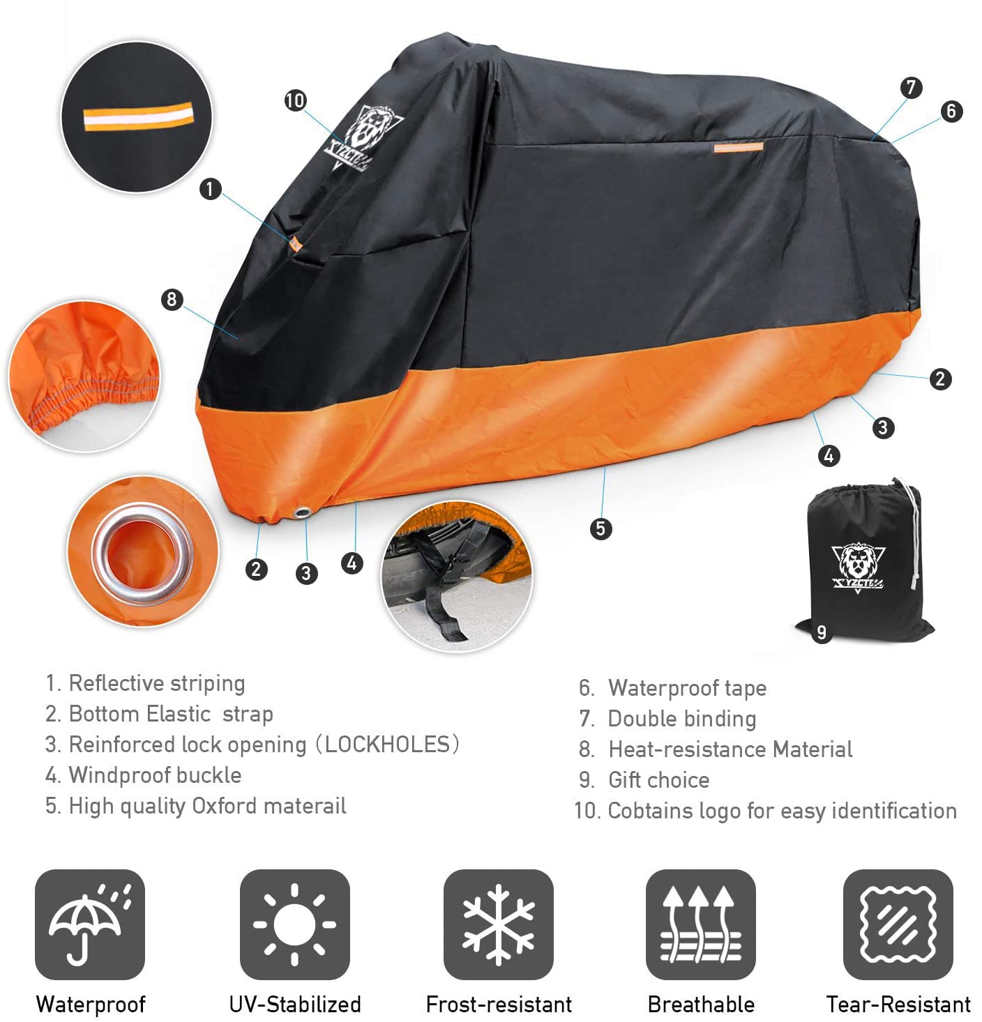 XYZCTEM Motorcycle Cover – All Season Waterproof Outdoor Protection – Fit up to 116 inch Tour Bikes, Choppers and Cruisers – Protect Against Dust, Debris, Rain and Weather(XXXL,Black& Orange)