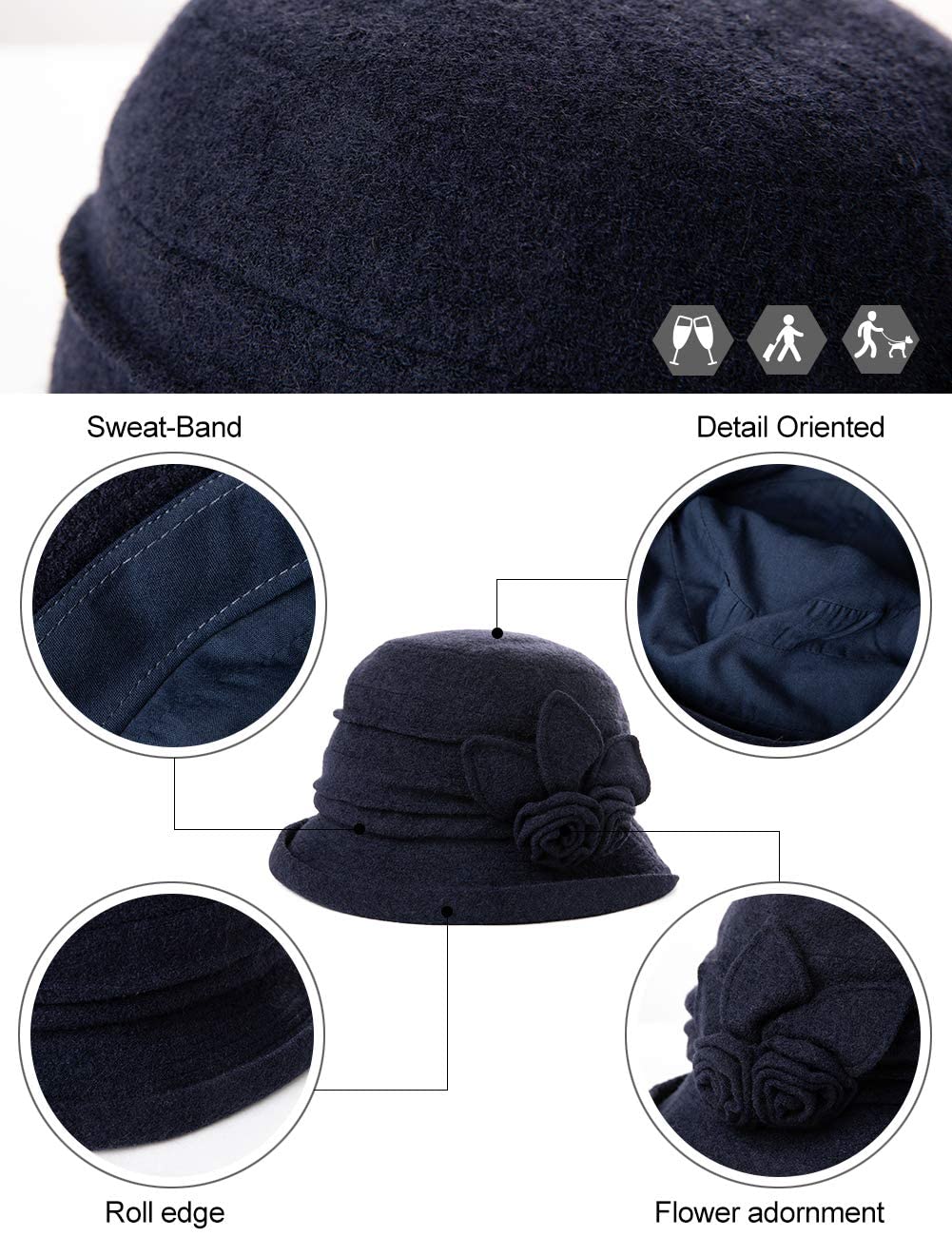 Comhats Womens Vintage Wool Felt Cloche Bucket Hat Winter Packable 1920s Fedora Bowler Church Derby Party Medium Black