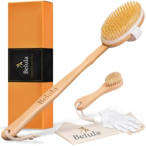 premium dry brushing body brush set by belula- natural boar bristle body brush, exfoliating face brush & one pair bath & shower gloves. free bag & how to – great gift for a glowing skin & healthy body