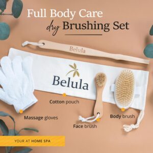 Premium Dry Brushing Body Brush Set by Belula- Natural Boar Bristle Body Brush, Exfoliating Face Brush & One Pair Bath & Shower Gloves. Free Bag & How To – Great Gift For A Glowing Skin & Healthy Body