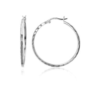 sterling silver polished basic square diamond cut hoop earrings for women | 2x35mm square tube hoop earrings | secure snap bar closure | shiny classic earrings