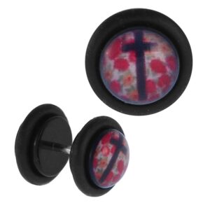 chic-net fake piercing plug tunnel black cross red flowers rubber ring 7 mm