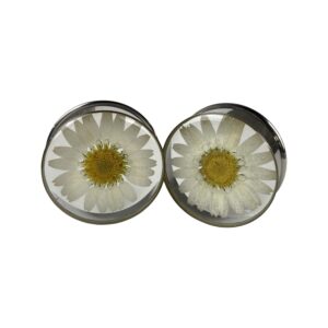 mystic metals body jewelry embedded real daisy flower plugs - sold as a pair (1-1/4" (32mm))