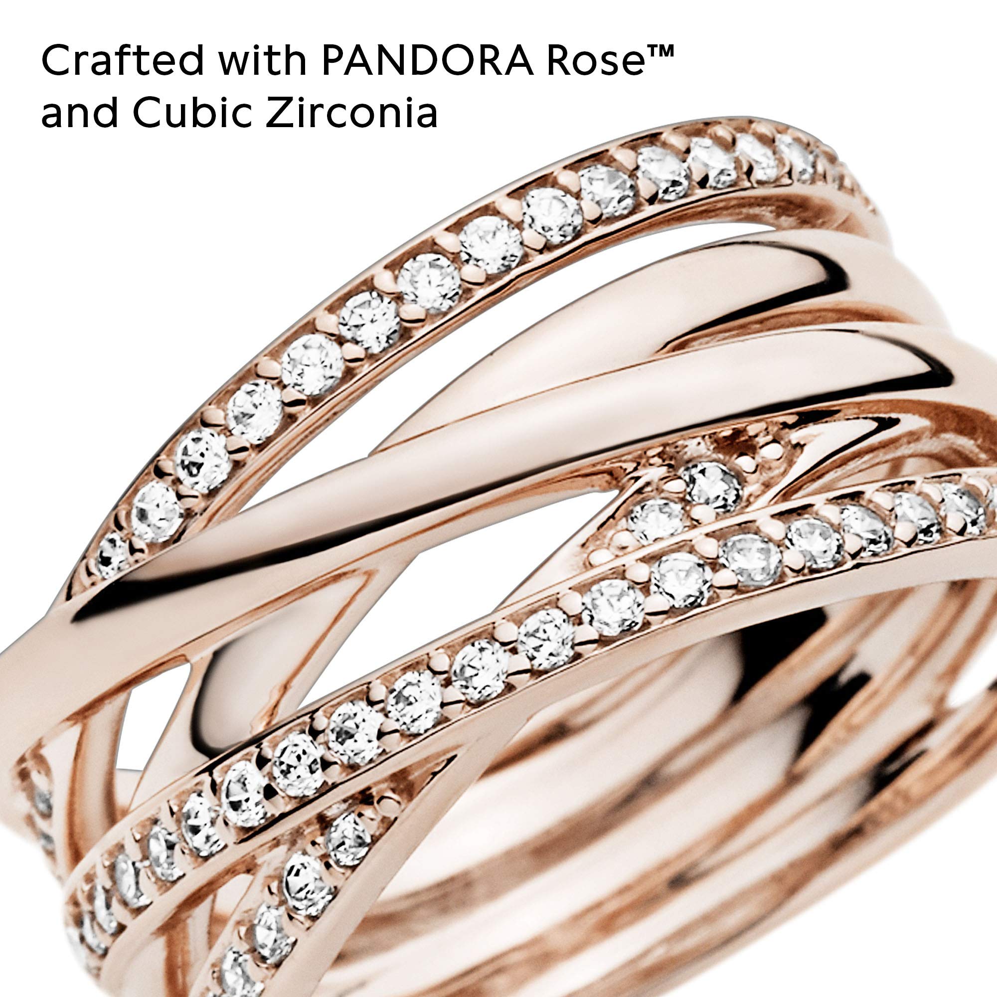 Pandora Sparkling & Polished Lines Entwined Ring - Rose Gold Ring for Women - Chic Cocktail Ring - Gift for Her - 14k Rose Gold-Plated Rose with Cubic Zirconia - Size 7.5