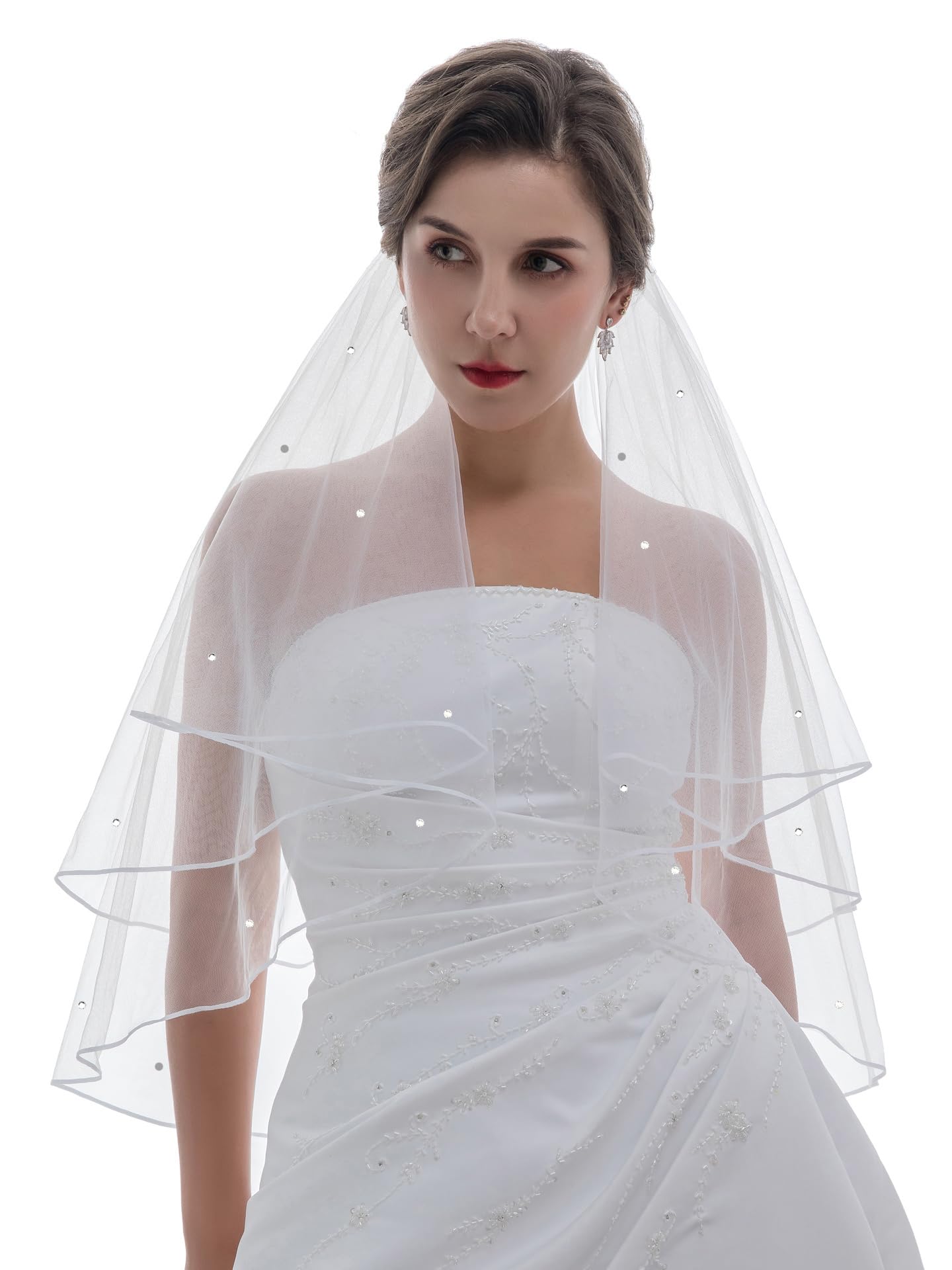 2T 2 Tier 1/8" Ribbon Crystal Circular Veil - Light Ivory Fingertip Length 36" V511