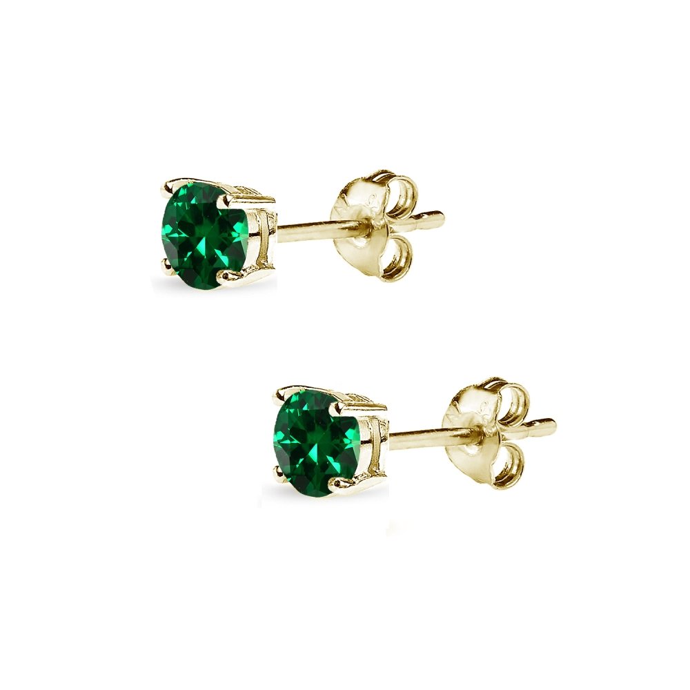 Emerald Earrings for Women Gold Flashed Sterling Silver Synthetic Green Gemstone 4mm Round-Cut Solitaire Studs for Bridesmaids Summer Fashion Trendy