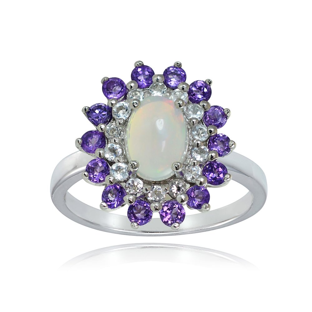 GemStar USA Sterling Silver Ethiopian Opal, African Amethyst and White Topaz Oval Flower Ring