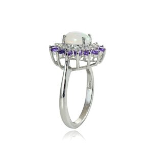 GemStar USA Sterling Silver Ethiopian Opal, African Amethyst and White Topaz Oval Flower Ring