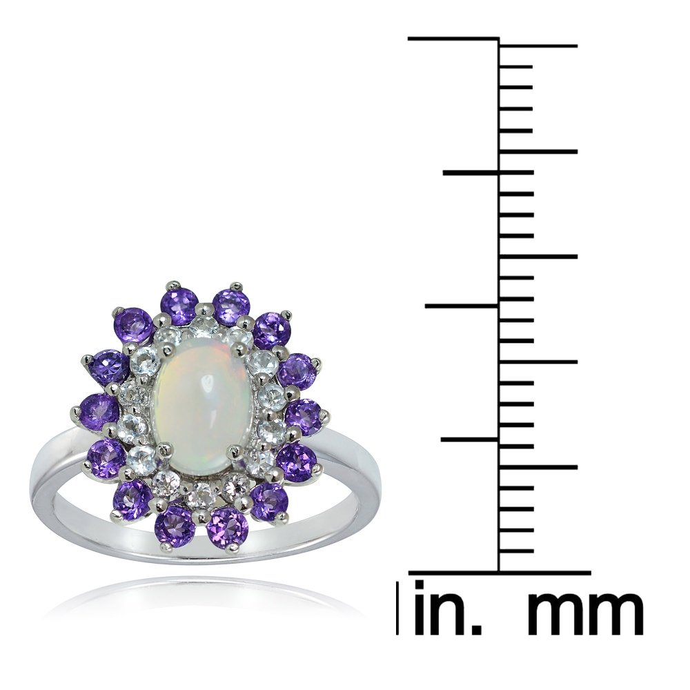 GemStar USA Sterling Silver Ethiopian Opal, African Amethyst and White Topaz Oval Flower Ring