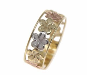 arthur's jewelry 14k solid tricolor yellow white rose gold hawaiian plumeria flower lei ring 6.5mm size 6