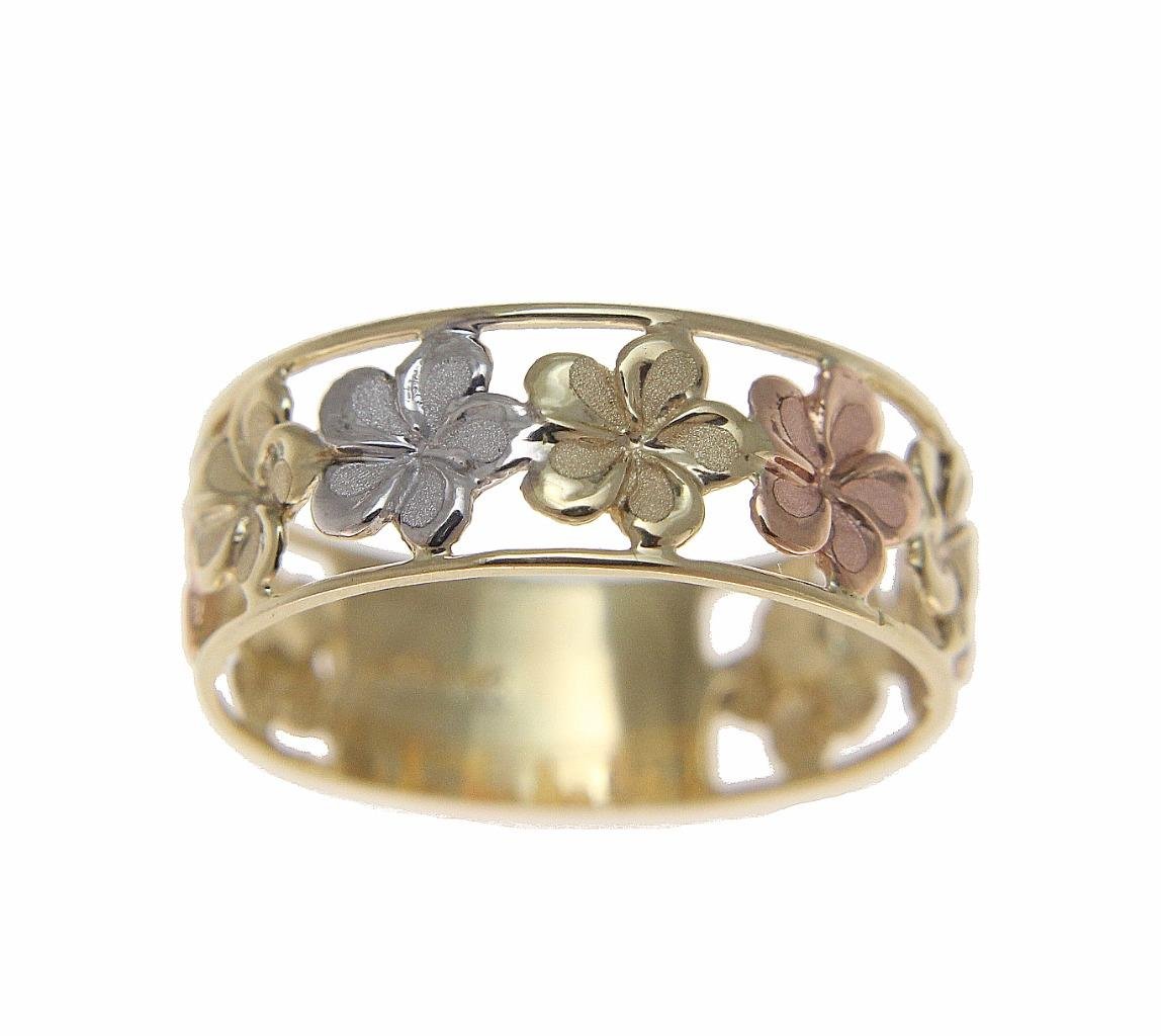 Arthur's Jewelry 14K solid tricolor yellow white rose gold Hawaiian plumeria flower lei ring 6.5mm size 6