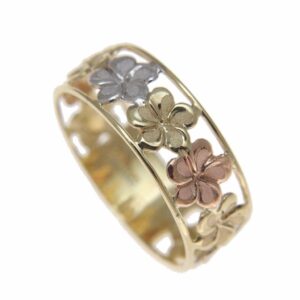 Arthur's Jewelry 14K solid tricolor yellow white rose gold Hawaiian plumeria flower lei ring 6.5mm size 6