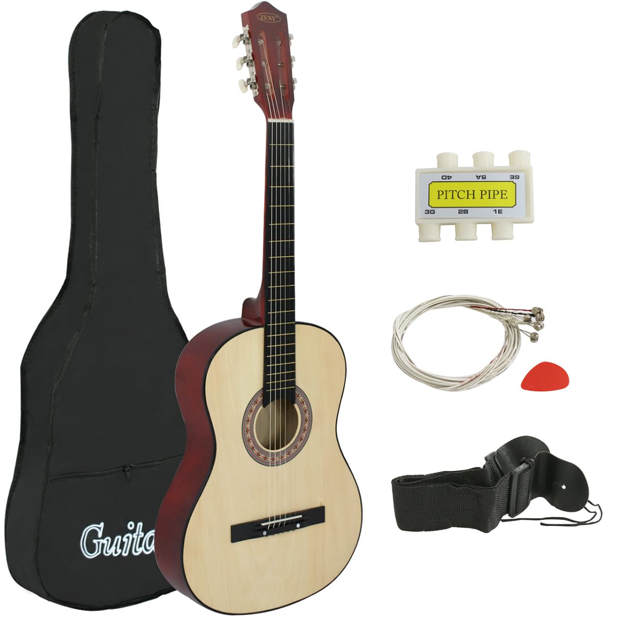 ZENY 38" New Beginners Acoustic Guitar With Guitar Case, Strap, Tuner and Pick (Natural)