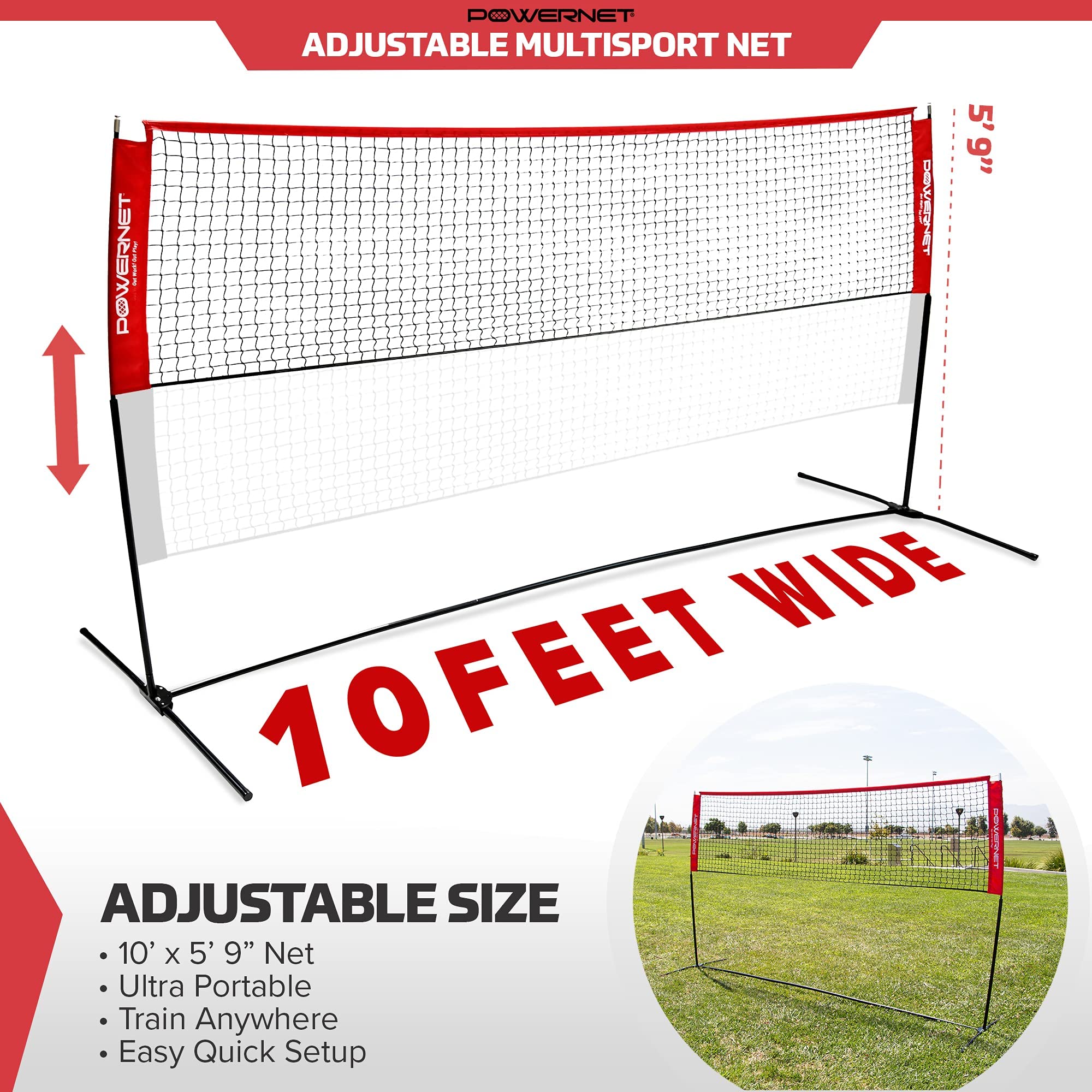 PowerNet Portable Badminton Pickleball Net, 10ft Wide, 3ft to 5ft Adjustable Height, Recreational Use, Driveway, Indoor, Outdoor, Beach, Street, Backyard, Ultra Portable