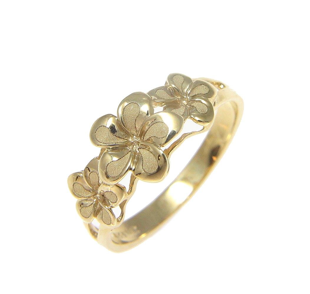 Arthur's Jewelry 14K solid yellow gold 6.5mm-8mm-6.5mm Hawaiian plumeria flower ring