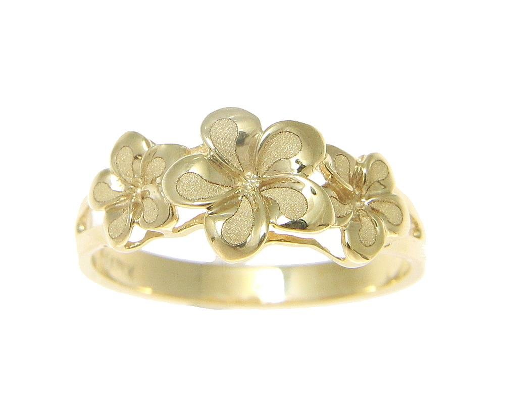 Arthur's Jewelry 14K solid yellow gold 6.5mm-8mm-6.5mm Hawaiian plumeria flower ring