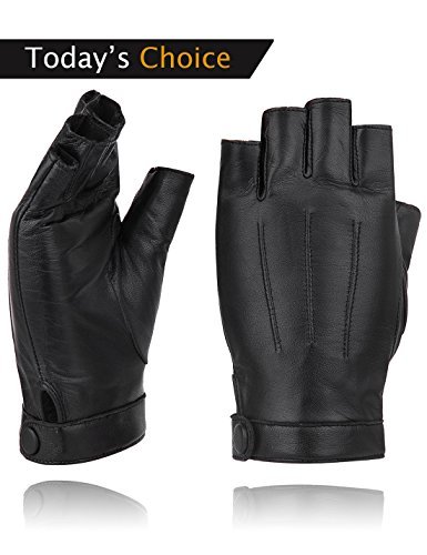 YISEVEN Women's Classic Sheepskin Leather Fingerless Gloves Lined Classic Soft Sheepskin 1/2 Half Finger Button Punk Motorcycle Cycling Fitness Touchscreen Warm Winter Gift, Black 7.5"/Large