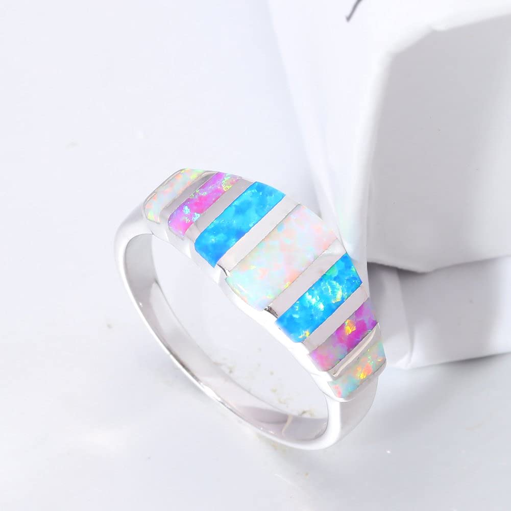 CiNily Women's Opal Rings,Create White Blue Pink Fire Opal Silver Plated Gemstone Ring Size 10