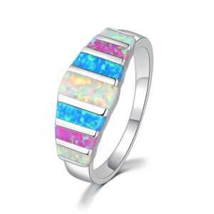 CiNily Women's Opal Rings,Create White Blue Pink Fire Opal Silver Plated Gemstone Ring Size 10