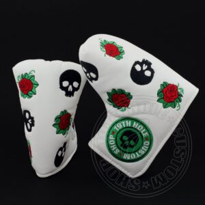 skull and rose headcover for blade and midsize mallet putter, white, golf head cover