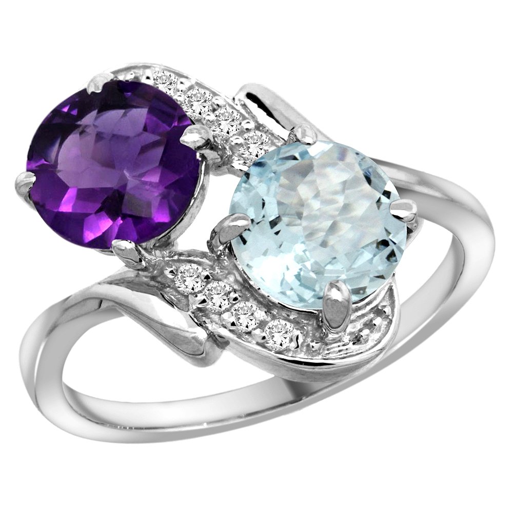 14k White Gold Diamond Natural Amethyst & Aquamarine Mother's Ring Round 7mm, size 8