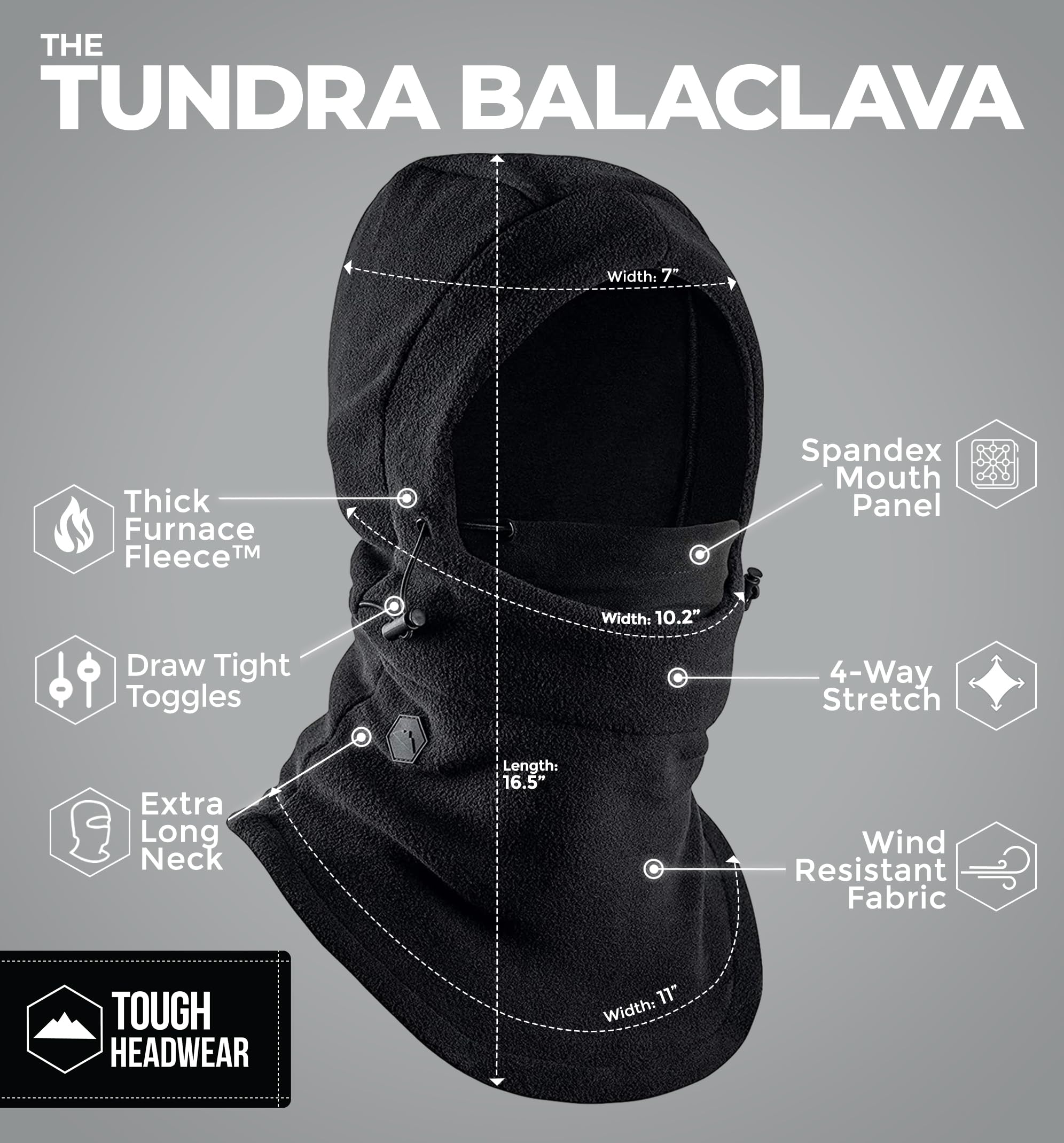 Tough Headwear Fleece Balaclava Ski Mask - Winter Face Mask for Men & Women - Face Cover for Extreme Cold Weather Gear