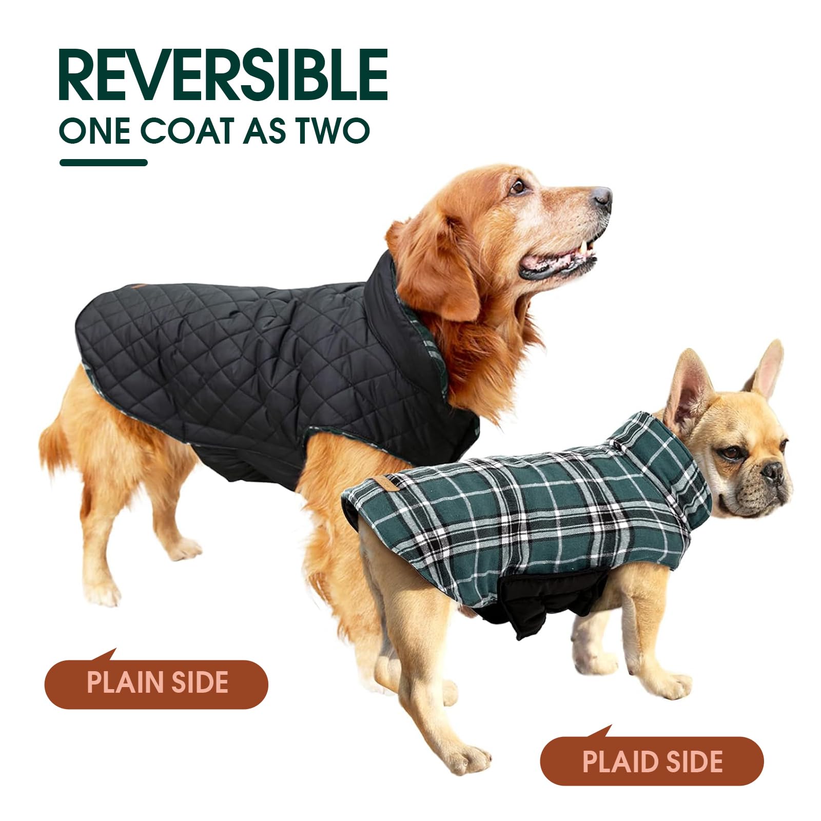 Kuoser Warm Reversible Dog Jacket Waterproof Winter Coat British Style Plaid Pet Clothes Cold Weather Coats Cozy Snow Vest for Small Medium Large Dogs Green XS