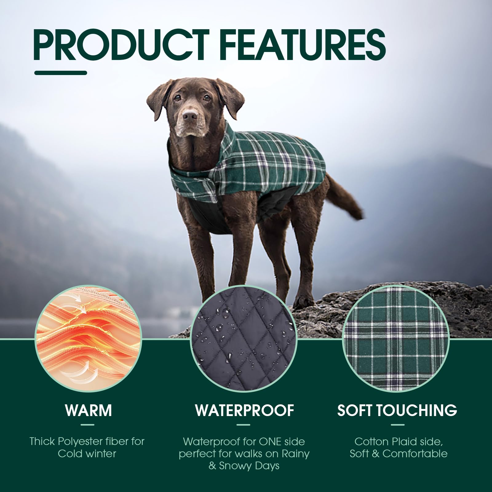 Kuoser Warm Reversible Dog Jacket Waterproof Winter Coat British Style Plaid Pet Clothes Cold Weather Coats Cozy Snow Vest for Small Medium Large Dogs Green XS